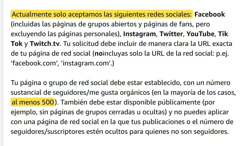 Página oficial de Amazon Afiliados con la lista de redes sociales aceptadas: Facebook, Instagram, Twitter, YouTube, TikTok y Twitch, y al menos 500 seguidores en la mayoría de los casos