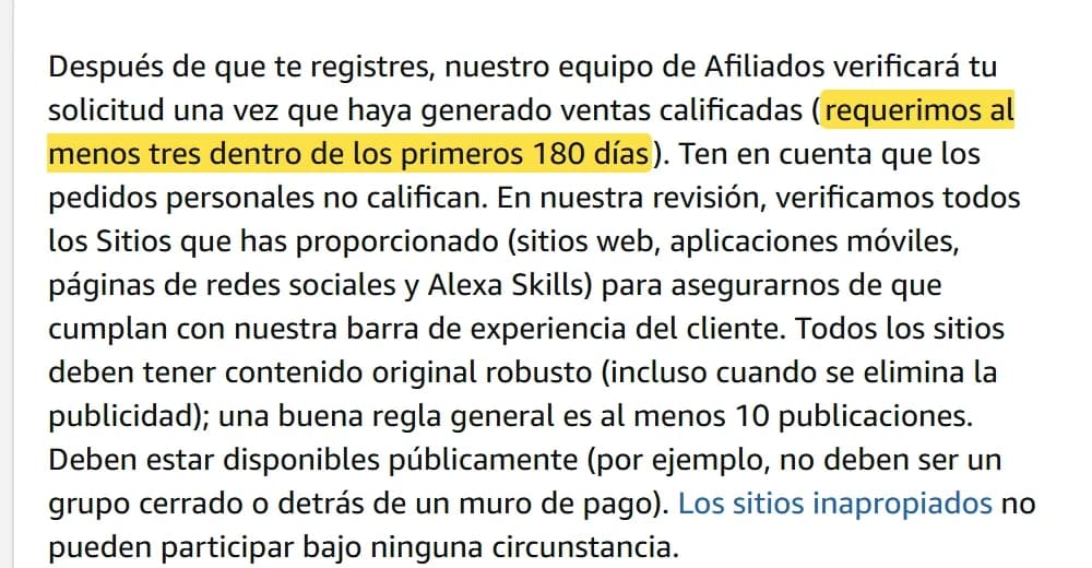 Página oficial de Amazon Afiliados: requerimos al menos tres ventas dentro de los primeros 180 días; los pedidos personales no califican