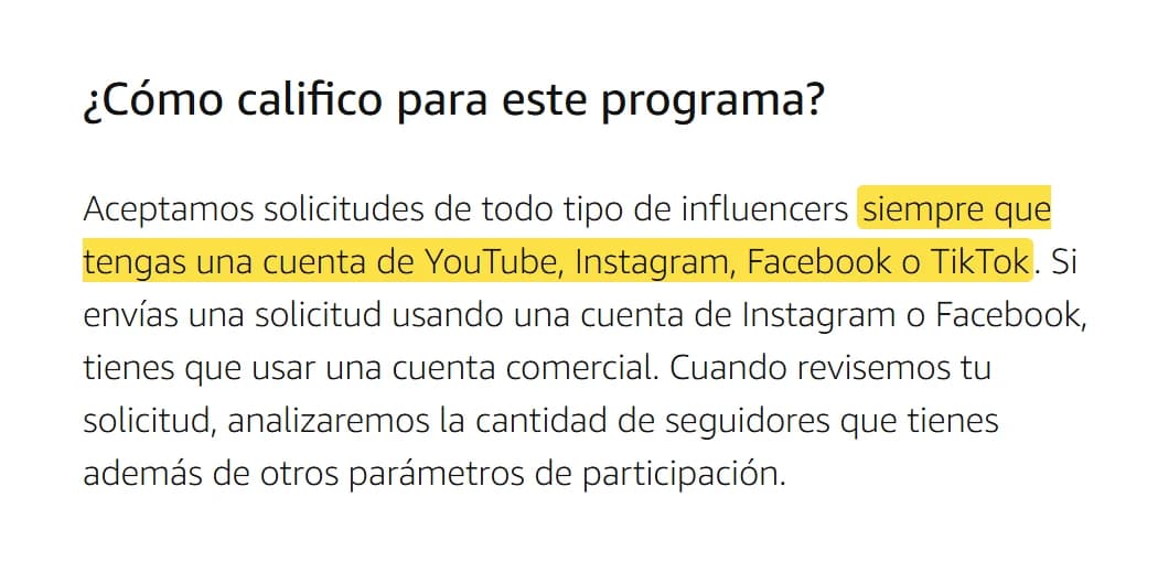 Página oficial del programa Amazon Influencer: se aceptan solicitudes siempre que tengas una cuenta de YouTube, Instagram, Facebook o TikTok