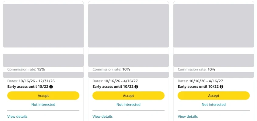 Tres tarjetas de campañas Affiliate+ con Commission rate del 15 % y del 10 %, fechas, Early access until 10/22 y botones Accept y Not interested