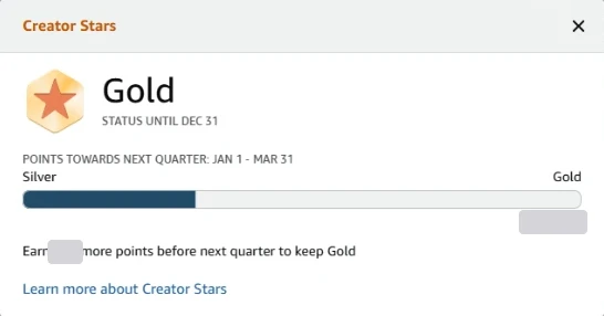 Ventana de Creator Stars: nivel Gold con estado hasta el 31 de diciembre y barra de puntos para el próximo trimestre entre Silver y Gold