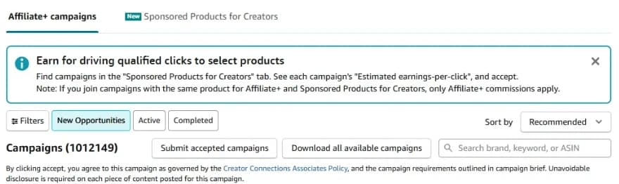 Pantalla de Creator Connections: pestañas Affiliate+ campaigns y Sponsored Products for Creators, aviso, filtros New Opportunities, Active y Completed, y buscador por marca, palabra o ASIN
