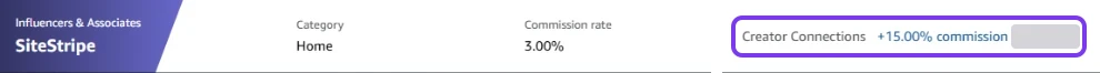 Barra Web SiteStripe en una ficha de producto: categoría Home, comisión normal del 3 % y Creator Connections con +15 % de comisión