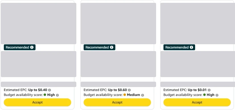 Tarjetas de Sponsored Products for Creators con Estimated EPC de hasta 0,40, 0,60 y 0,01 USD y Budget availability score High y Medium