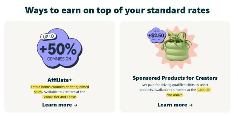 Página oficial de Creator Connections: Affiliate+, comisión extra por ventas válidas desde el nivel Bronce, y Sponsored Products for Creators, pago por clics válidos desde el nivel Oro