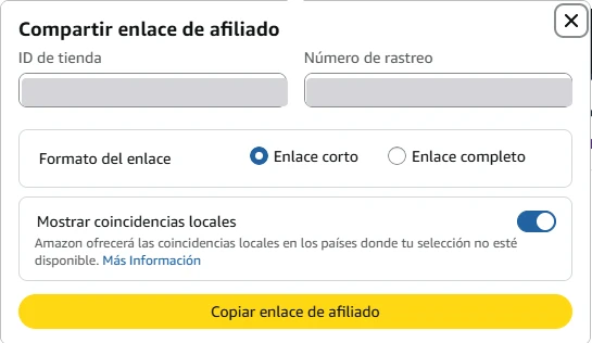 Panel Compartir enlace de afiliado de SiteStripe en una ficha de Amazon: ID de tienda, número de rastreo, formato del enlace con Enlace corto marcado y Enlace completo, Mostrar coincidencias locales y botón Copiar enlace de afiliado