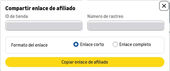 Panel Compartir enlace de afiliado de SiteStripe abierto en una tienda de Amazon Influencer, con Enlace corto marcado y botón Copiar enlace de afiliado