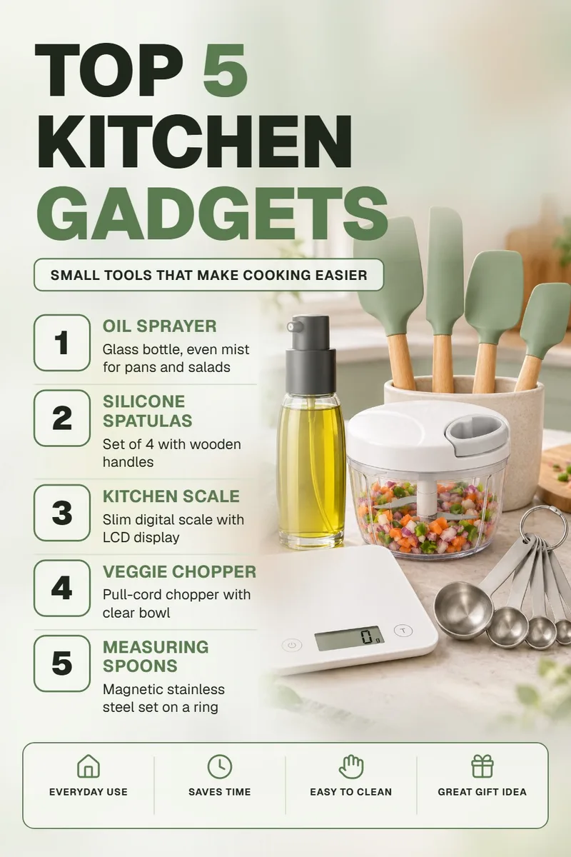 Pin vertical «Top 5 Kitchen Gadgets»: titular grande, subtítulo «Small tools that make cooking easier», lista numerada del 1 al 5 (Oil Sprayer, Silicone Spatulas, Kitchen Scale, Veggie Chopper, Measuring Spoons) con una línea cada uno, foto de los cinco productos juntos sobre una encimera en tonos verde salvia y cuatro sellos abajo