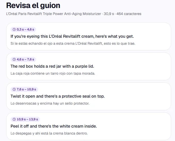 Pantalla de Dublivo con el guion en inglés, la traducción al español y el tramo de tiempo de cada frase